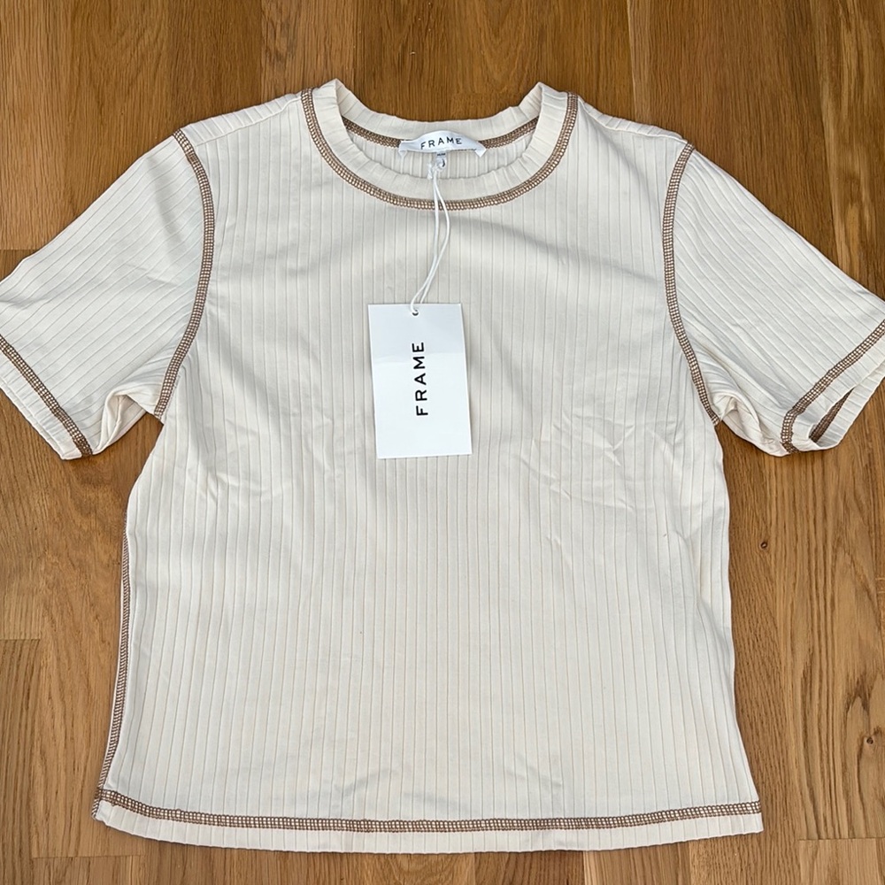 FRAME Cream and Brown Ribbed Fitted T-Shirt